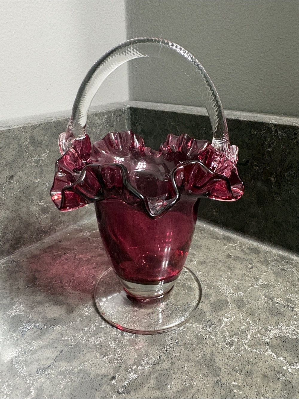 Fenton Ruffled Cranberry Pink Glass Basket with Clear Applied Handle